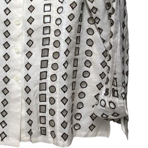 La Rea Collection White Brown Shoulders Pads Shirt Womens top 100% Linen XLarge - Picture 3 of 12